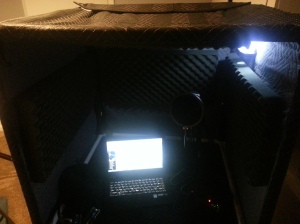 Admittedly a bit hard to see, but the structure housed my mic, computer, and scripts for recording.